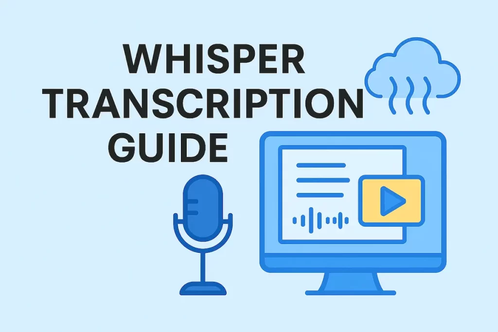 Illustration representing an AI transcription guide, showing audio waveforms and document icons for Whisper-style speech-to-text.